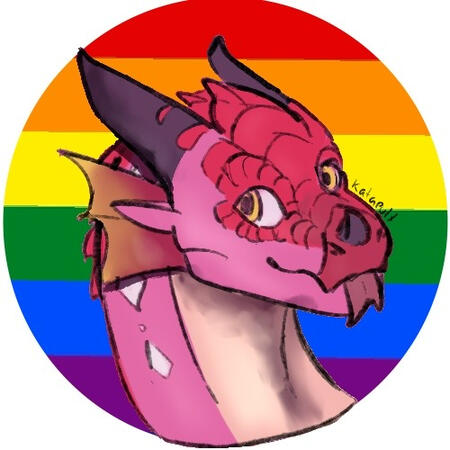 A cartoon drawing of Jambu from wings of fire sticking his tongue out. The background is a rainbow pride flag. The image is circular with a square white border.